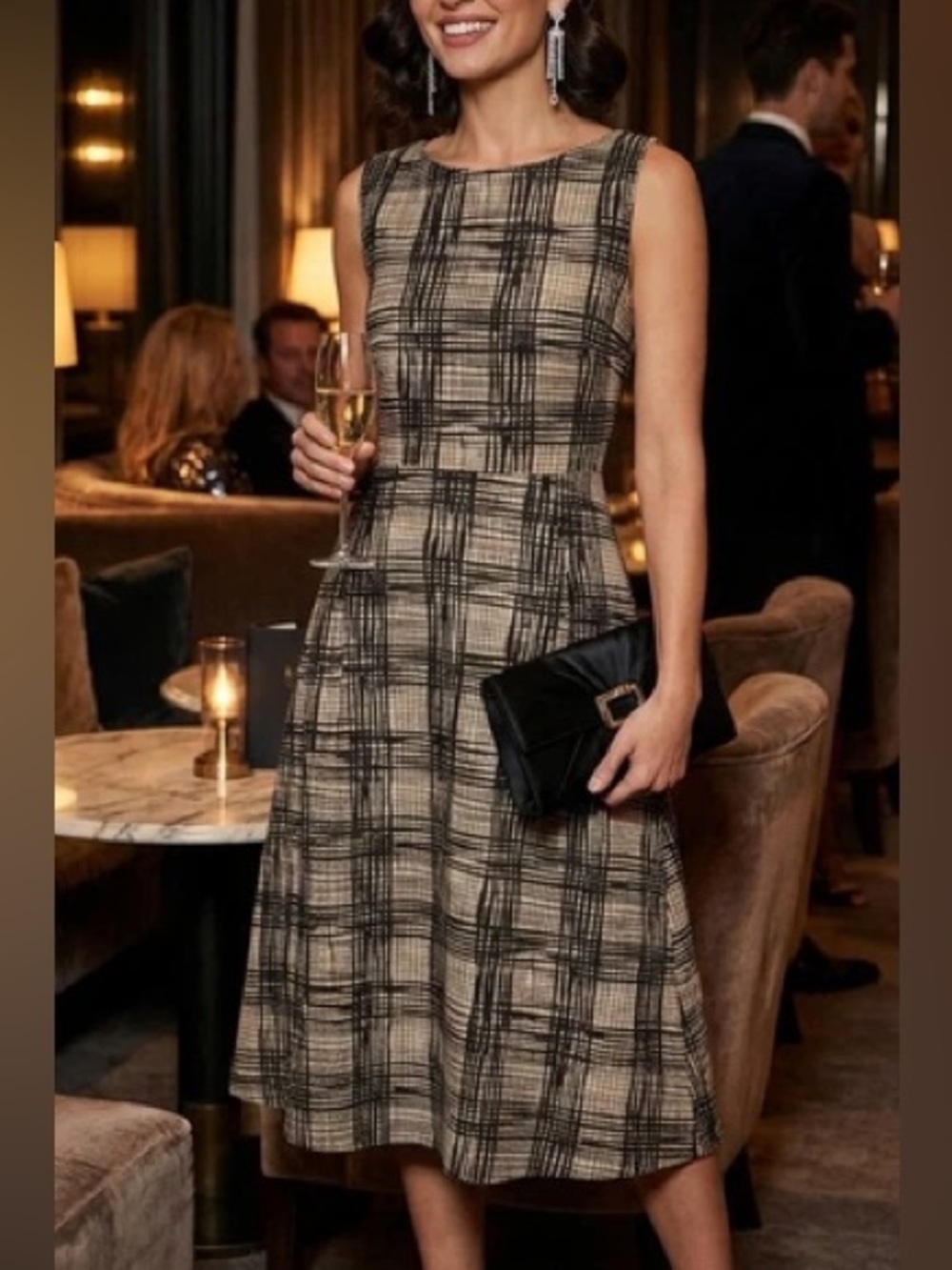 L.K. Bennett 100% Silk Sleeveless Midi Dress - Pink/Beige & Black Abstract Plaid